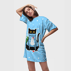 Футболка женская длинная Котик в свитере под снегопадом - синий, цвет: 3D-принт — фото 2