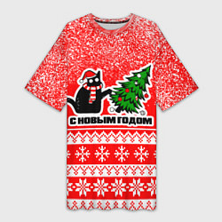 Футболка женская длинная С новым годом - котик и ёлка, цвет: 3D-принт