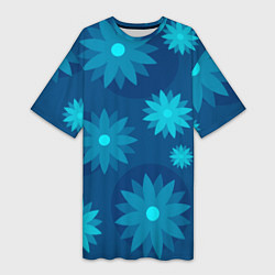 Футболка женская длинная Узор из синих цветов, цвет: 3D-принт