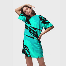 Футболка женская длинная Бирюзовая и черная абстракция, цвет: 3D-принт — фото 2