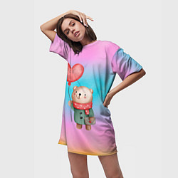 Футболка женская длинная Мишка с красным сердечком, цвет: 3D-принт — фото 2