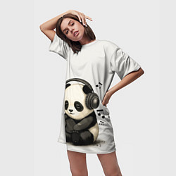 Футболка женская длинная Милая панда в наушниках, цвет: 3D-принт — фото 2