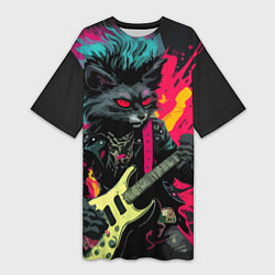 Футболка женская длинная Rocker Cat on a dark background - C-Cats collectio, цвет: 3D-принт