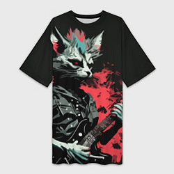 Футболка женская длинная Rocker Cat on a black background - C-Cats collecti, цвет: 3D-принт