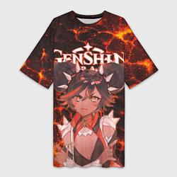Футболка женская длинная Синь Янь на фоне раскаленной лавы, цвет: 3D-принт