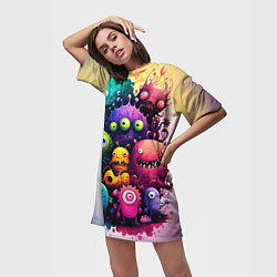 Футболка женская длинная Веселые монстры из краски, цвет: 3D-принт — фото 2