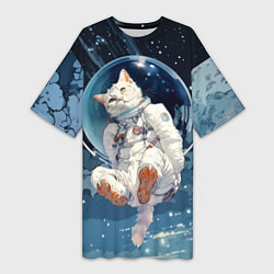 Футболка женская длинная Белый кот космонавт в невесомости, цвет: 3D-принт