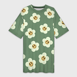 Женская длинная футболка Цветочки-смайлики: темно-зеленый паттерн