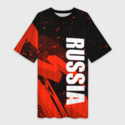 Футболка женская длинная Russia - белая надпись на красных брызгах, цвет: 3D-принт