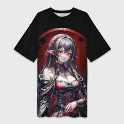 Футболка женская длинная Аниме девушка колдунья в красно черном платье, цвет: 3D-принт