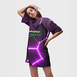 Футболка женская длинная Киберпанк призрачная свобода фиолетовый неон, цвет: 3D-принт — фото 2