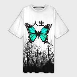 Женская длинная футболка С бабочкой на фоне японского иероглифа