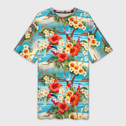 Женская длинная футболка Светлый гавайский фон и цветы