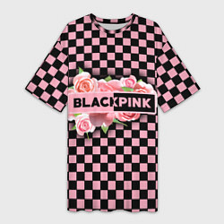 Футболка женская длинная Blackpink logo roses, цвет: 3D-принт