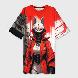Футболка женская длинная Девушка в маске кицунэ, цвет: 3D-принт
