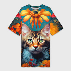 Футболка женская длинная Дикая кошка в цветах, цвет: 3D-принт