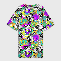 Женская длинная футболка Разноцветный узор с буквами и абстрактными фигурам
