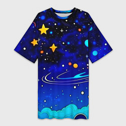 Футболка женская длинная Мультяшный космос темно-синий, цвет: 3D-принт