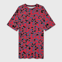 Женская длинная футболка Черные и синие треугольники на красном