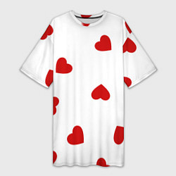 Футболка женская длинная Красные сердечки на белом, цвет: 3D-принт
