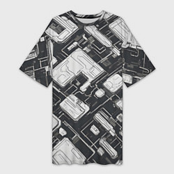 Футболка женская длинная Полосы Чёрно-белые киберпанк, цвет: 3D-принт