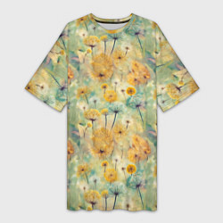 Футболка женская длинная Одуванчики узор, цвет: 3D-принт