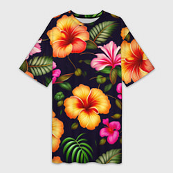 Женская длинная футболка Гавайские цветы узор