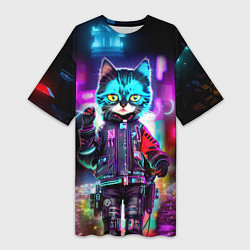 Футболка женская длинная Cool kitten - cyberpunk - neon glow, цвет: 3D-принт