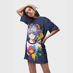 Футболка женская длинная Аниме с фиолетовыми волосами, цвет: 3D-принт — фото 2