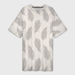 Футболка женская длинная Бежевый паттерн с перьями, цвет: 3D-принт