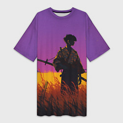Футболка женская длинная Самурай на закате - фиолетовый, цвет: 3D-принт
