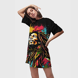 Футболка женская длинная Боб Марли в стиле арт, цвет: 3D-принт — фото 2