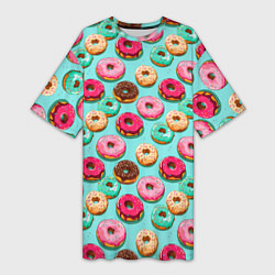 Футболка женская длинная Разноцветные пончики паттерн, цвет: 3D-принт