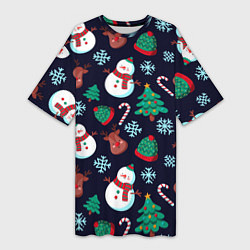 Женская длинная футболка Снеговички с рождественскими оленями и елками
