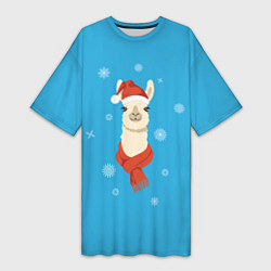 Футболка женская длинная Милая лама в красной шляпе и шарфе, цвет: 3D-принт