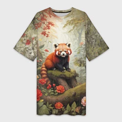 Футболка женская длинная Красная панда в лесу, цвет: 3D-принт