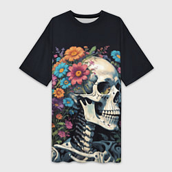 Женская длинная футболка Улыбающийся скелет среди цветов