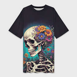 Женская длинная футболка Скелет с яркими цветами