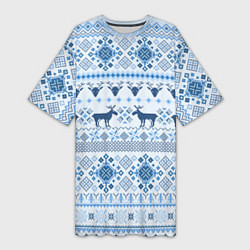 Футболка женская длинная Blue sweater with reindeer, цвет: 3D-принт