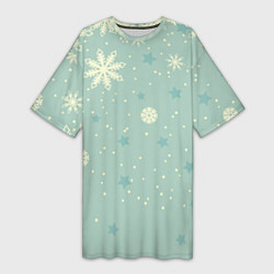 Женская длинная футболка Снежинки и звезды на матно зеленем
