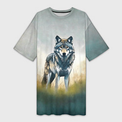 Женская длинная футболка Минималистичный пейзаж с волком акварель