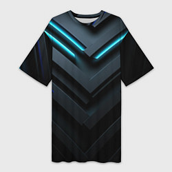 Футболка женская длинная Черный и синий фон с абстракцией, цвет: 3D-принт