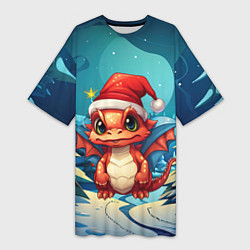 Футболка женская длинная Маленький новогодний милый дракошка 2024, цвет: 3D-принт