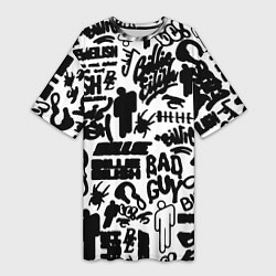 Женская длинная футболка Билли Айлиш автографы черно белый