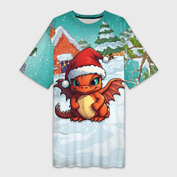 Футболка женская длинная Дракоша в новогоднем дворике, цвет: 3D-принт