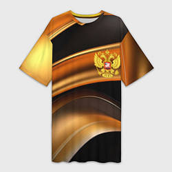 Женская длинная футболка Герб России на черном золотом фоне