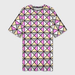 Футболка женская длинная Геометрический треугольники бело-серо-розовый, цвет: 3D-принт