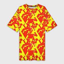 Футболка женская длинная Красные фигуры на жёлтом фоне, цвет: 3D-принт