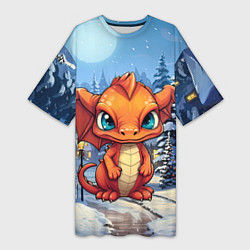 Футболка женская длинная Новогодний оранжевый дракон, цвет: 3D-принт