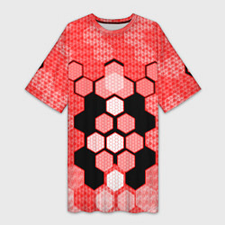 Женская длинная футболка Красная кибер броня hexagons